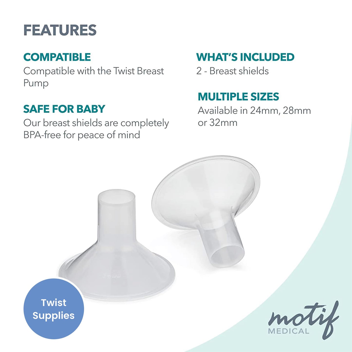 Motif Medical, Twist Lactation Breast Shields, Compatible With Motif Twist Breast Pump, Maternity, Breast Pumping Accessories -