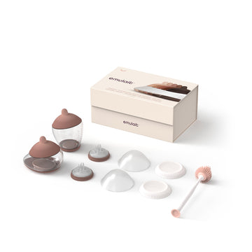 Emulait Baby Bottle Starter Kit Includes 2 Bottles 2 Nipples 2 Caps 2 Lids 2 Responsive Flow Valves, Cleaning Brush - Light - Sh