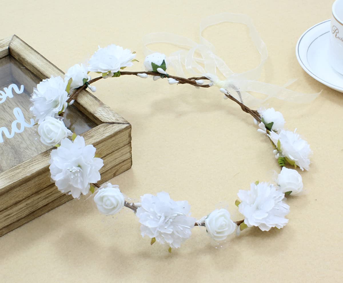 Ddazzling Girls Breath Crown Flower Girl Crown Floral Headband Wedding Hair Wreath Photo Props (White)