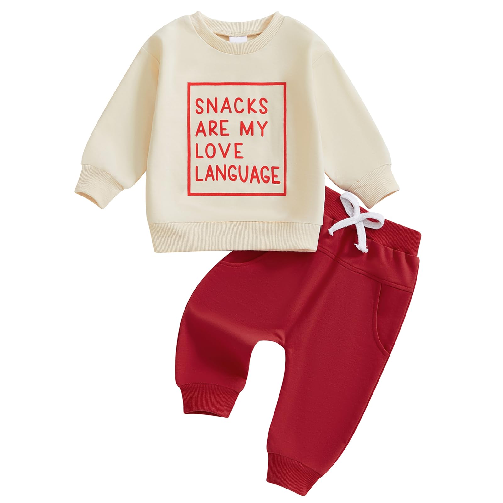 Baby Boy Fall Clothes Set Long Sleeve Letter Print Sweatshirt Pants Valentines Day Outfits 6 12 18 24 Months 2T (Snacks Khaki, 6
