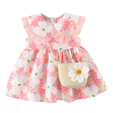 Bold N Elegant BabyGirls Cute Sleeveless Cotton Floral Print Party KneeLength Dress Frock With Bag Purse For Infant Toddler (1