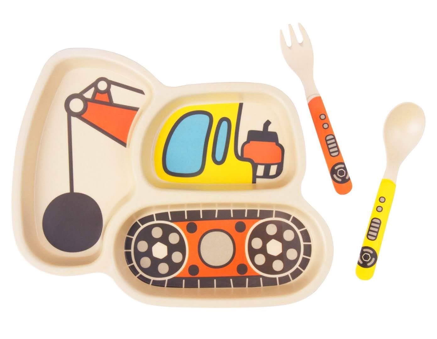 Kid Plate Set Bamboo Toddler Plates Dinnerware Dinner Dish Set Baby Feeding Spill Proof Divided Plate - Baby Spoon and fork 3-Pi