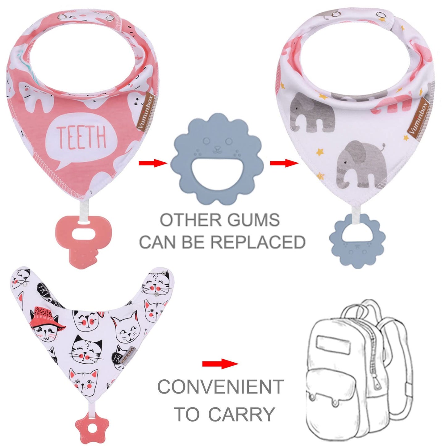 Vuminbox Baby Bandana Drool Bibs 6-Pack And Teething Toys 6-Pack Made With 100% Organic Cotton, Absorbent And Soft Unisex (Multi