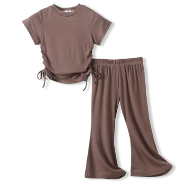 ACESTAR Toddler Baby Girls Clothes Set 2 Piece Summer Outfits Solid Short Sleeve T-Shirts Tee & Flared Pants Sets Toddler Bell-b