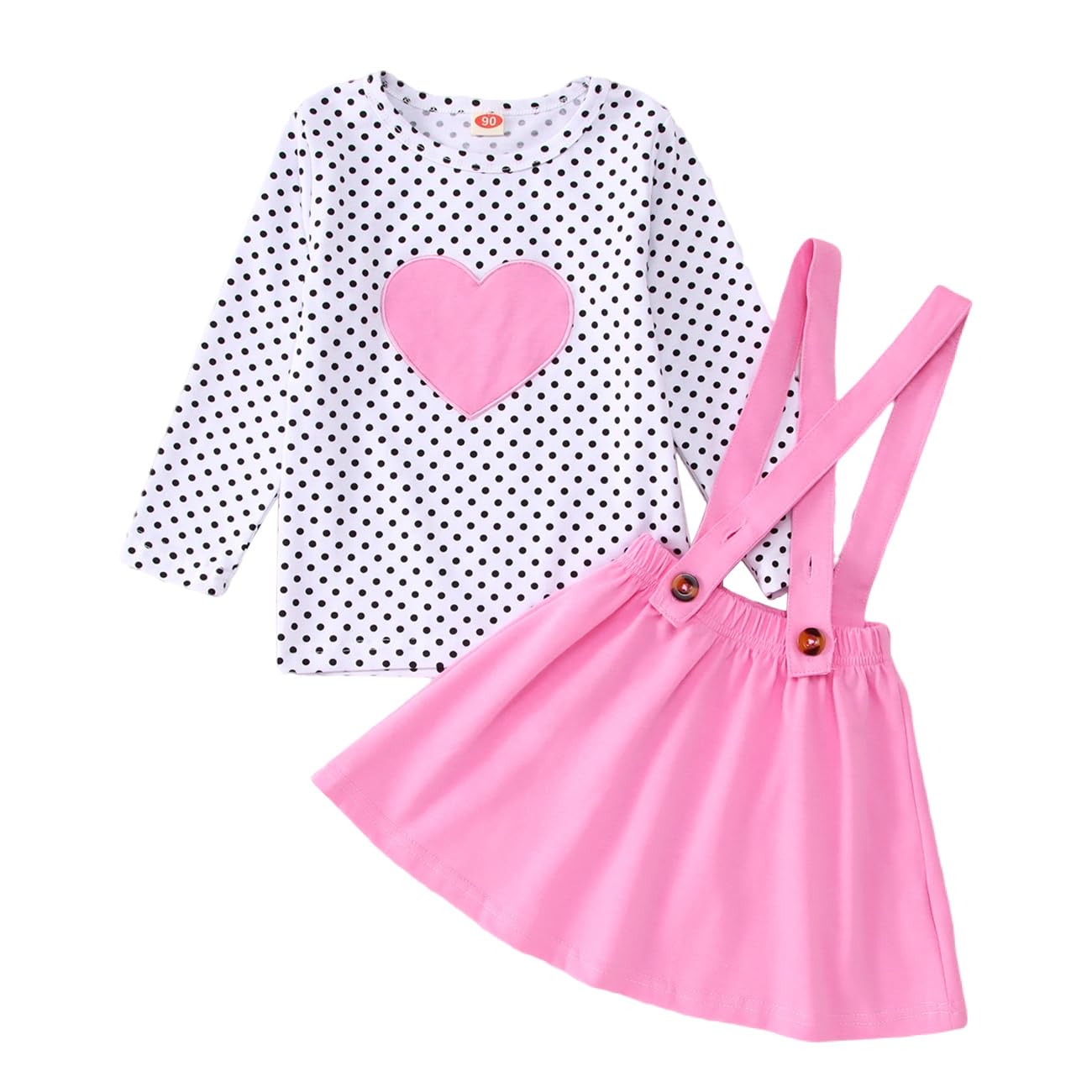 Toddler Baby Girls Valentine'S Day Outfits Long Sleeve Dot Heart Shirt Top Red Suspender Skirt Clothes Set(Pink, 4-5T(110))