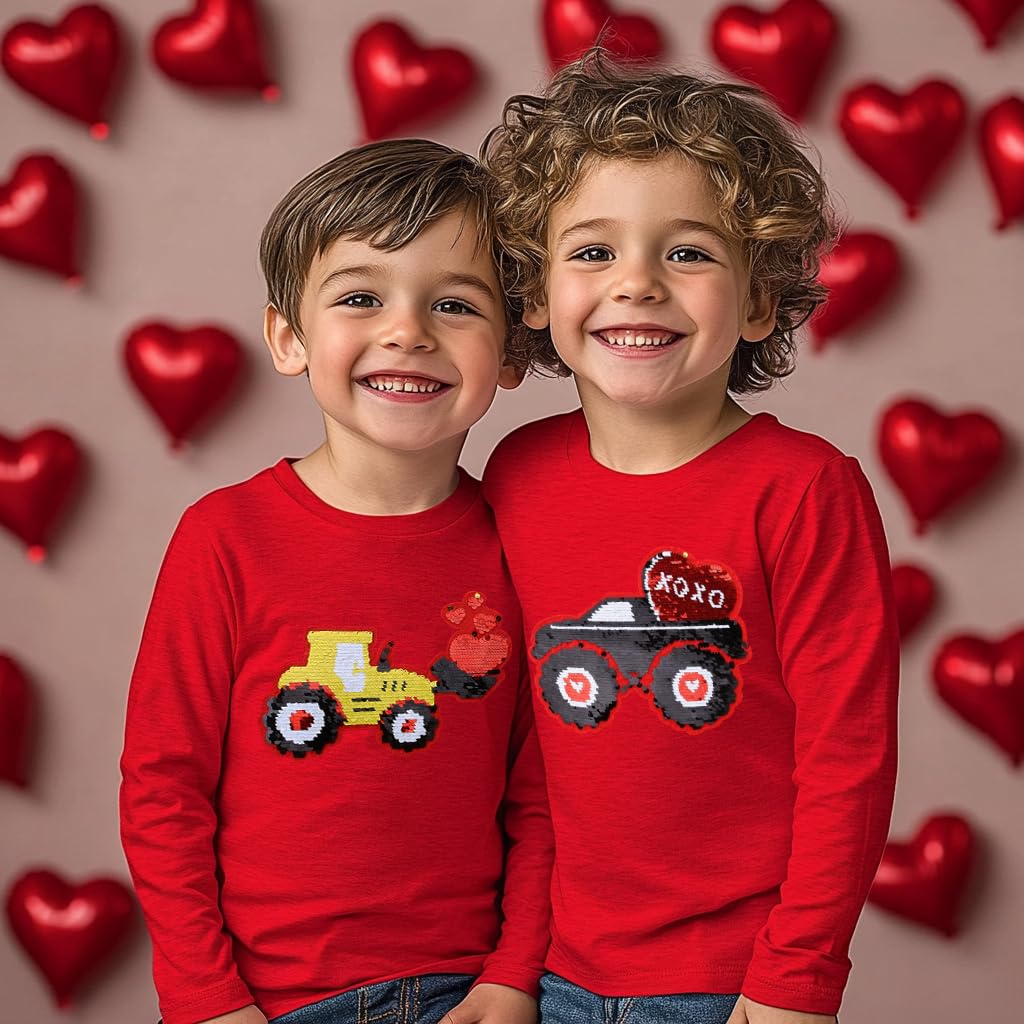 Kids Boys T-Shirt Valentines Flip Sequin Heart Shirt Tie Love Girls Tops Long Sleeve Toddler Baby Tees 3T