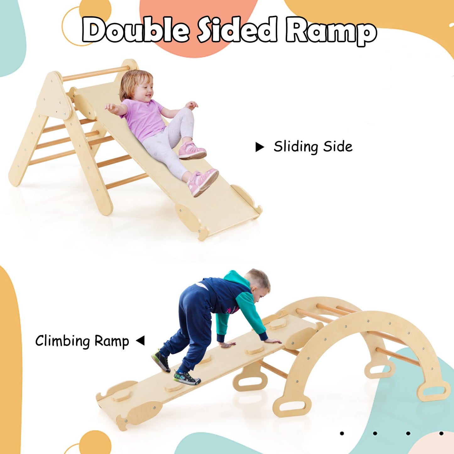 Olakids Climbing Toys For Toddlers, 5 In 1 Kids Wooden Montessori Triangle Set Climber Toy With Ramp Ladder Arch Slide For Playg