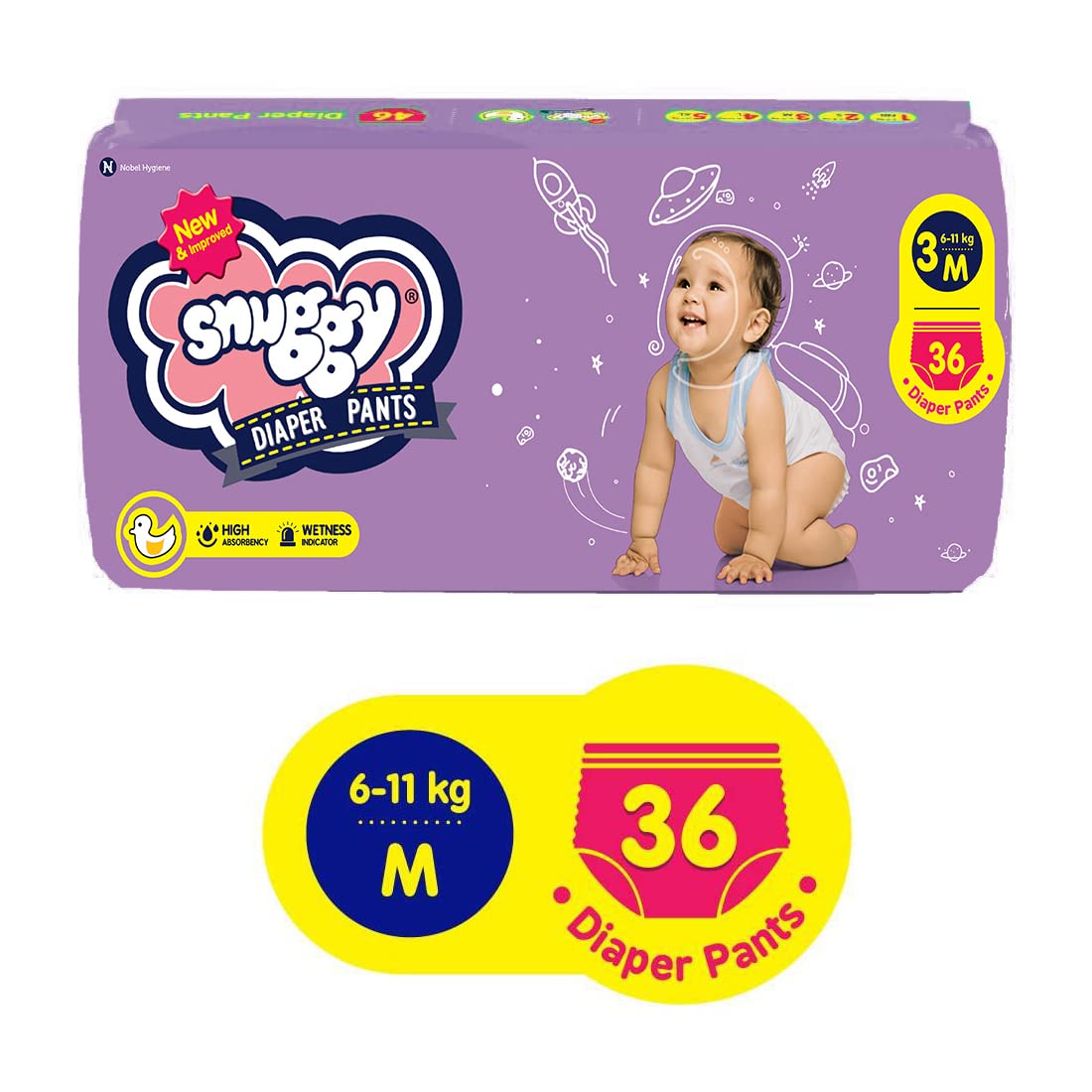 Snuggy Baby Diaper Pants Medium 36 Count (Pack Of 1), 611 Kgs, Rapid Absorption, Anti  Bacterial