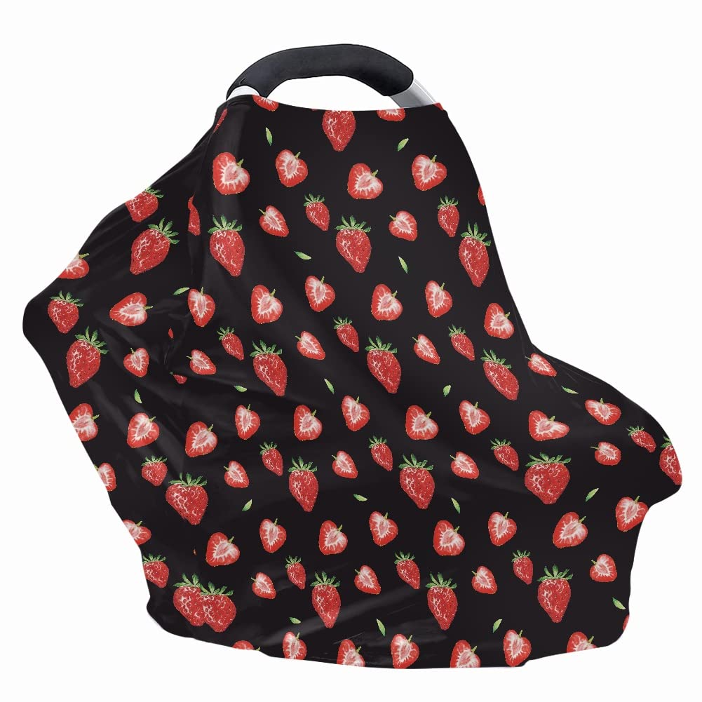 Coldinair Strawberry Print Car Seat Cover For Babies Girls,Multi-Use Breastfeeding Cover Nursing Cover,Soft Stretchy Carseat Can