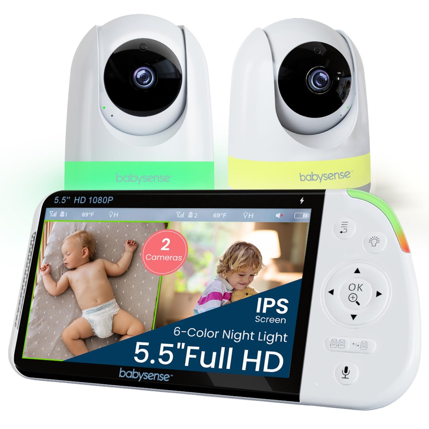 Babysense Full HD 5.5 Split Screen Baby Monitor with 2 Cameras, 6-Color Night Light, White Noise, Sound & Light Machine, 20-Hour
