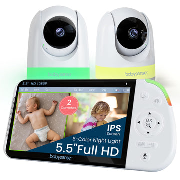 Babysense Full HD 5.5 Split Screen Baby Monitor with 2 Cameras, 6-Color Night Light, White Noise, Sound & Light Machine, 20-Hour