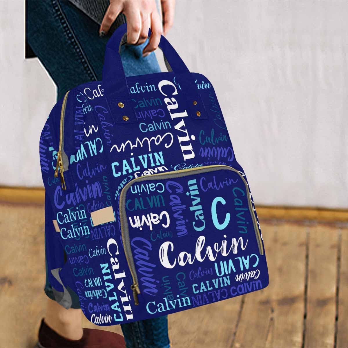 Custom Diaper Bag, Dark Blue Logo Name Diaper Backpack Personalized Mummy Nursing Baby Bags Fashion Shoulders Bag Casual Daypack