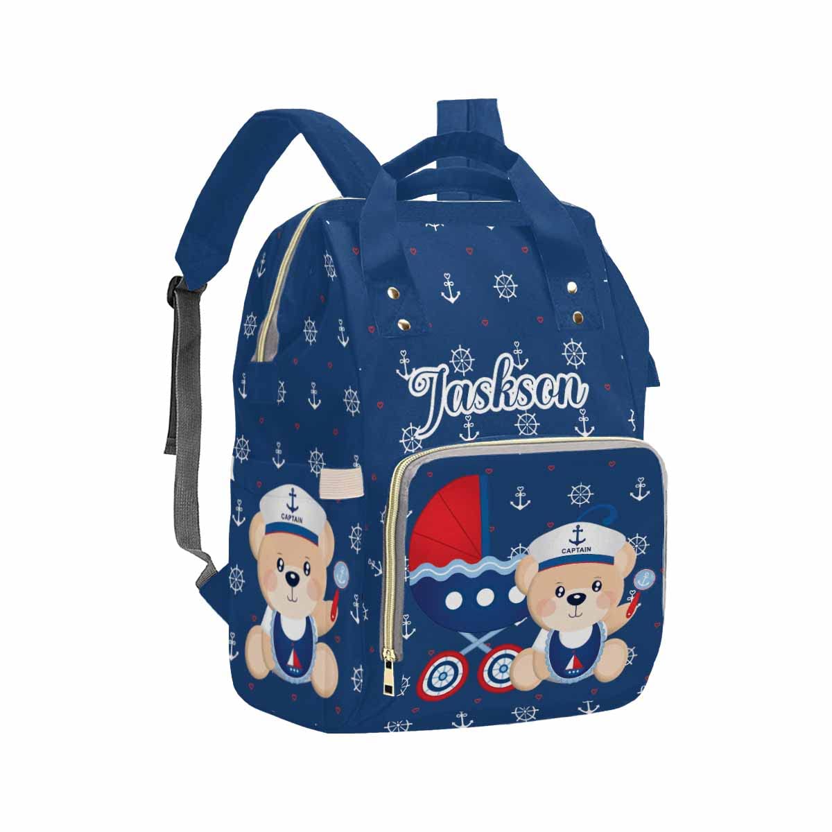 Artsadd Custom Animal Baby Backpack For New Mom Gifts, Personalized Dark Blue Captain Diaper Backpack With Stroller Straps Large