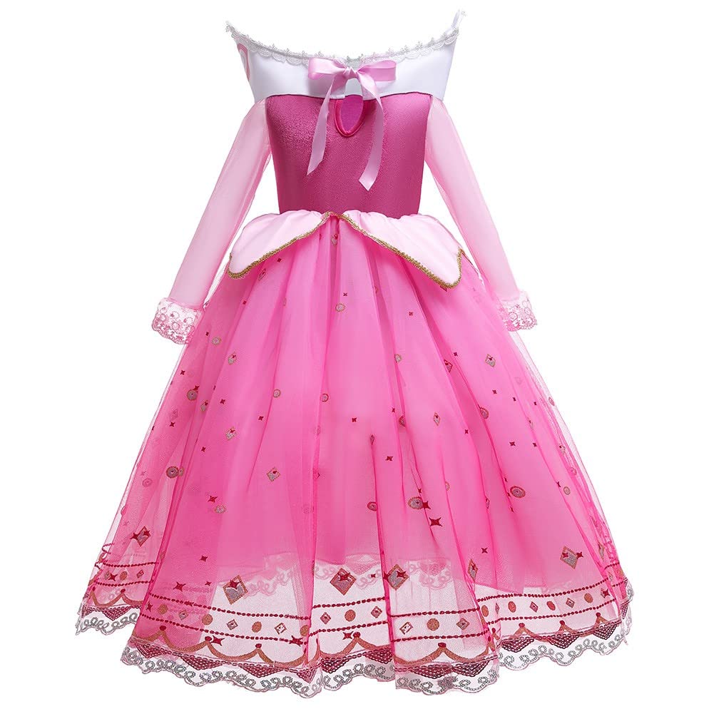 Fmyfwy Girls Aurora Princess Dress Sleeping Beauty Fancy Halloween Costume Christmas Birthday Party Gown Rose W/Accessories 6-7T