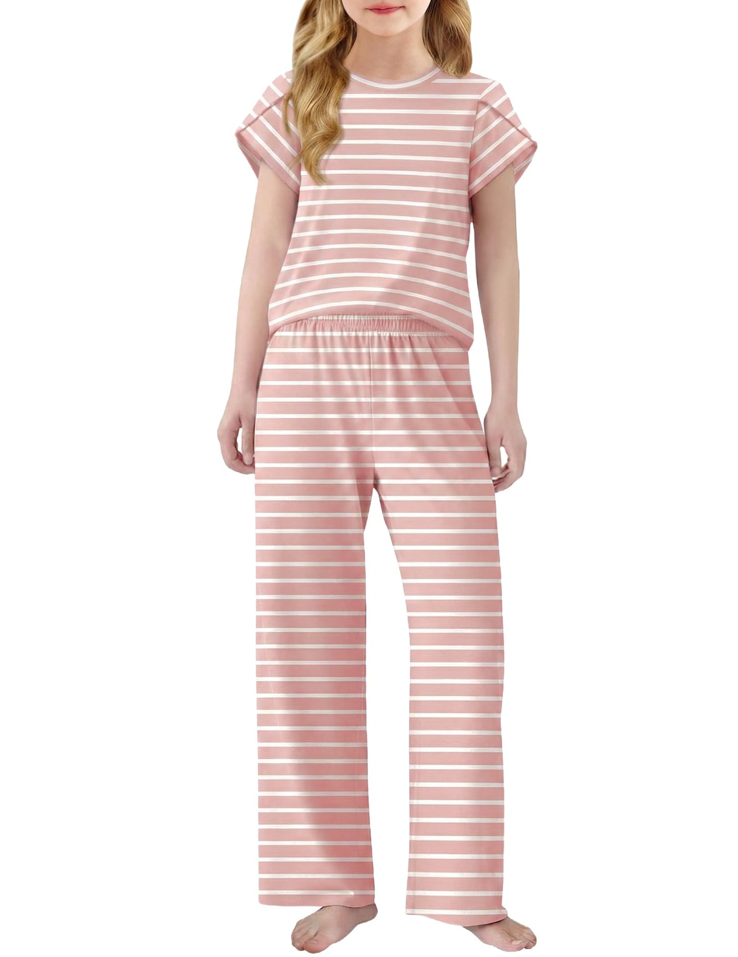 Arshiner Pajamas for Girls Short Sleeve Long Pants Pjs Cute Soft Sleepwear Lounge Sets, Pink Stripe, 56 Years