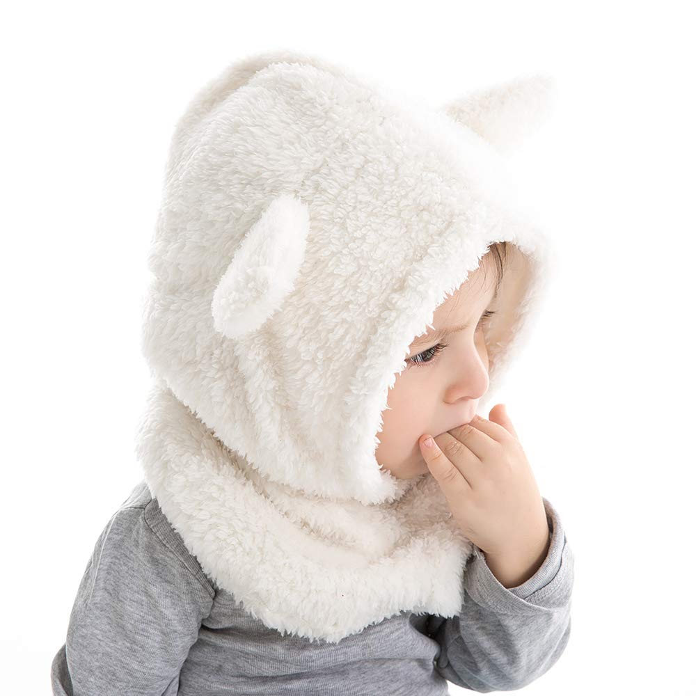 Baby Girls Boys Winter Warm Scarf Hat Kids Thick Earflap Hood Cap With Ear 6M-7T (White,S)