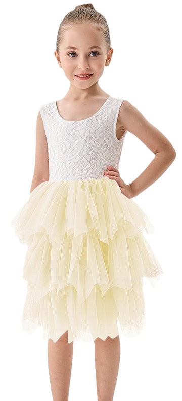 2Bunnies Girl Peony Lace Back A-Line Tiered Tutu Tulle Flower Girl Dress (No Applique Ivory, 9-10Yrs)