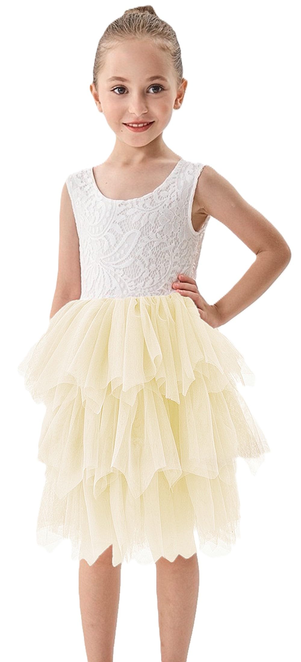 2Bunnies Girl Peony Lace Back A-Line Tiered Tutu Tulle Flower Girl Dress (No Applique Ivory, 12M)
