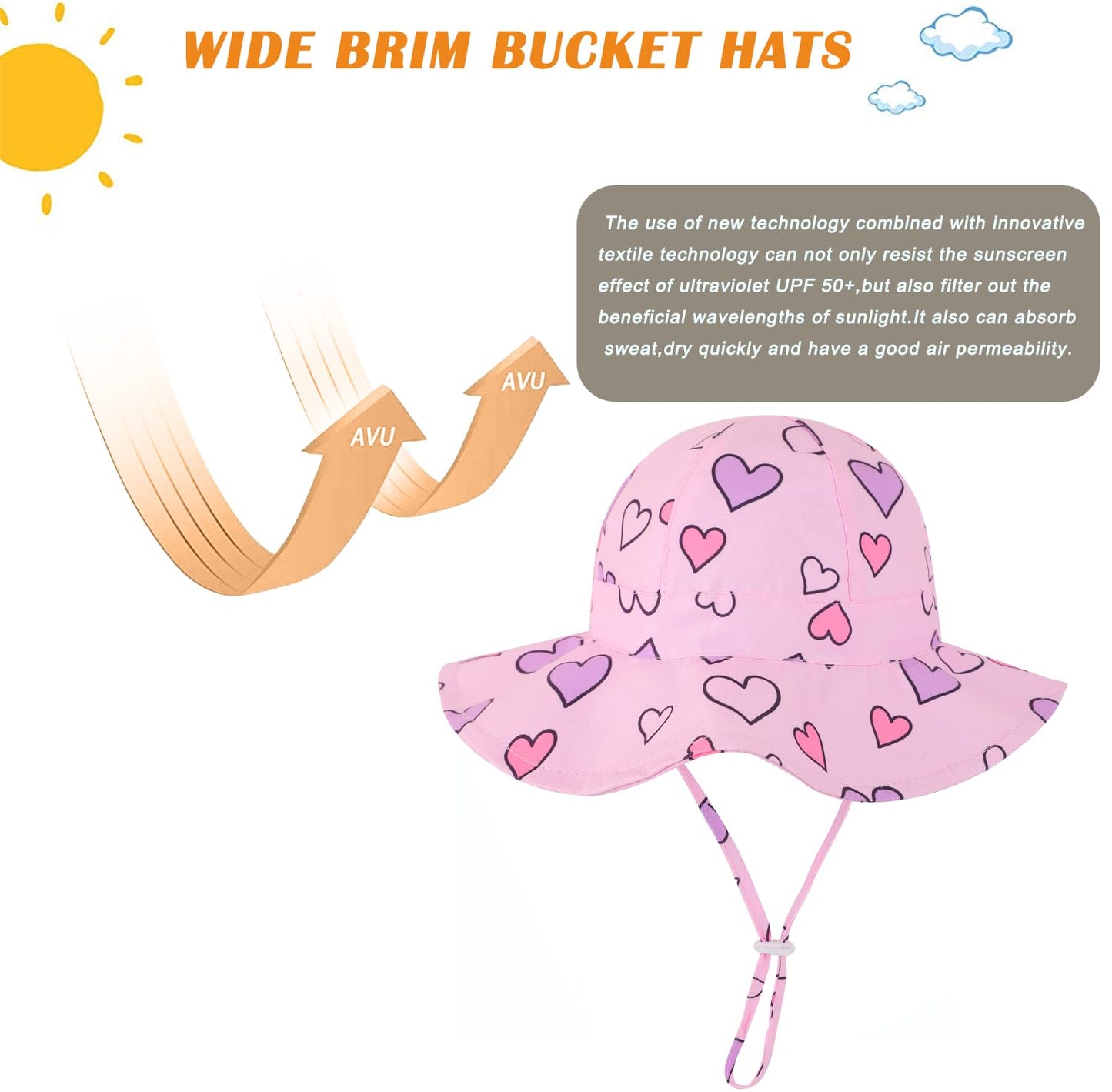Baby Girl Sun Hat Infant Summer Beach Hats With Upf 50+ Toddler With Wide Brim Strap Outdoor Bucket Hat Pink Heart 0-6 Months