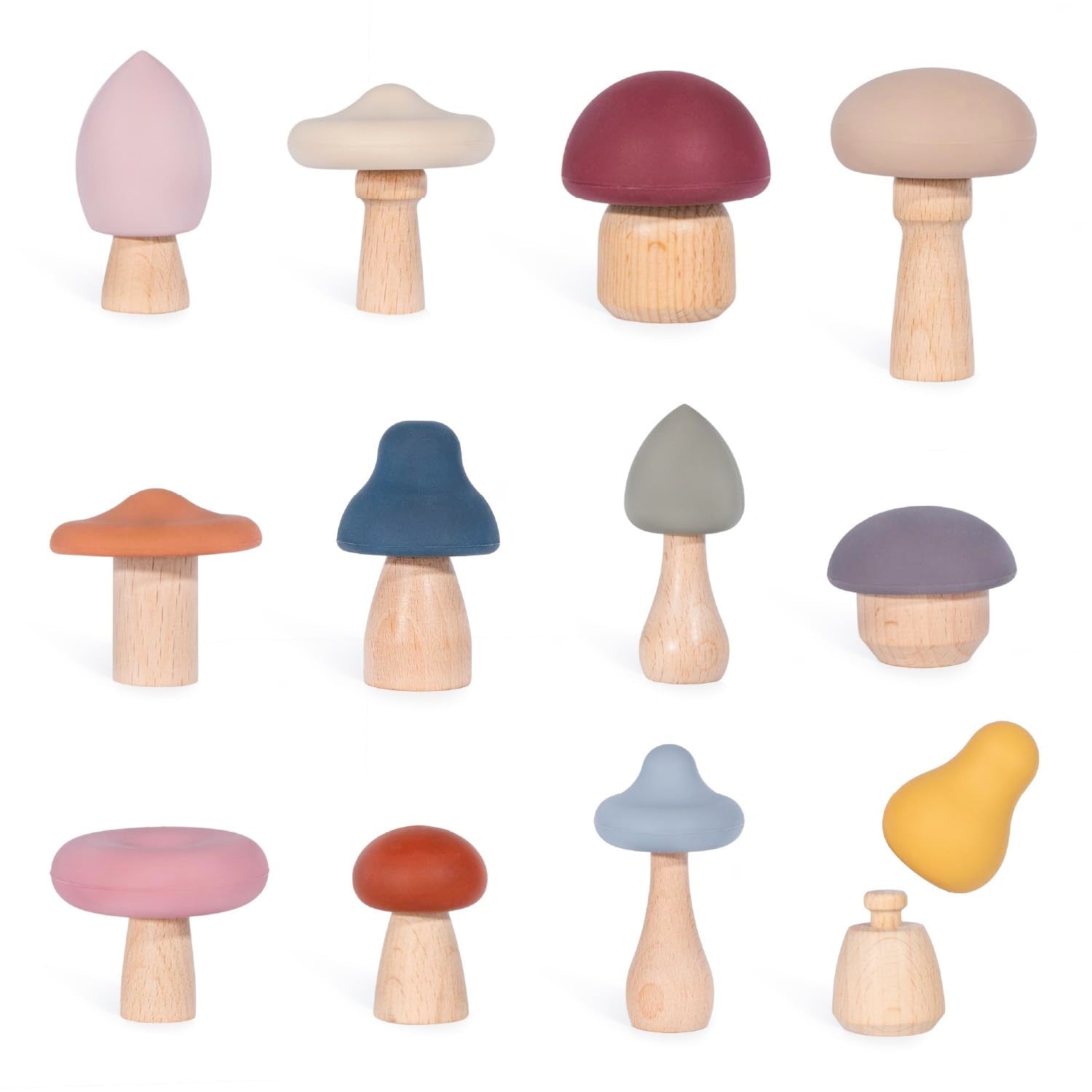 Woodland Mushrooms Mix & Match Set for Kids - Wood and Silicone Montessori Open Ended Play Imaginative Toys
