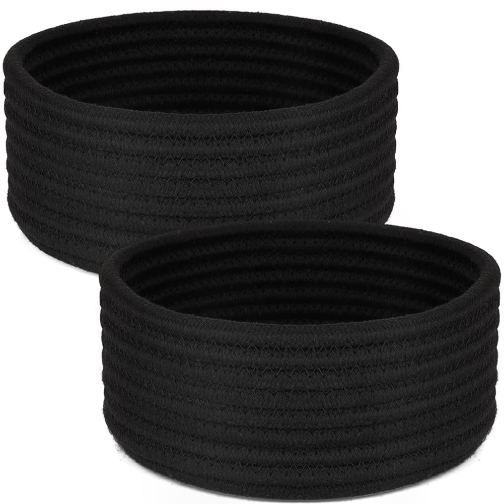 Hispqser 2Pack Black Woven Baskets, Natural Small Cotton Rope Storage Cute Round Decorative For Toys Decorative Hamper For Nurse