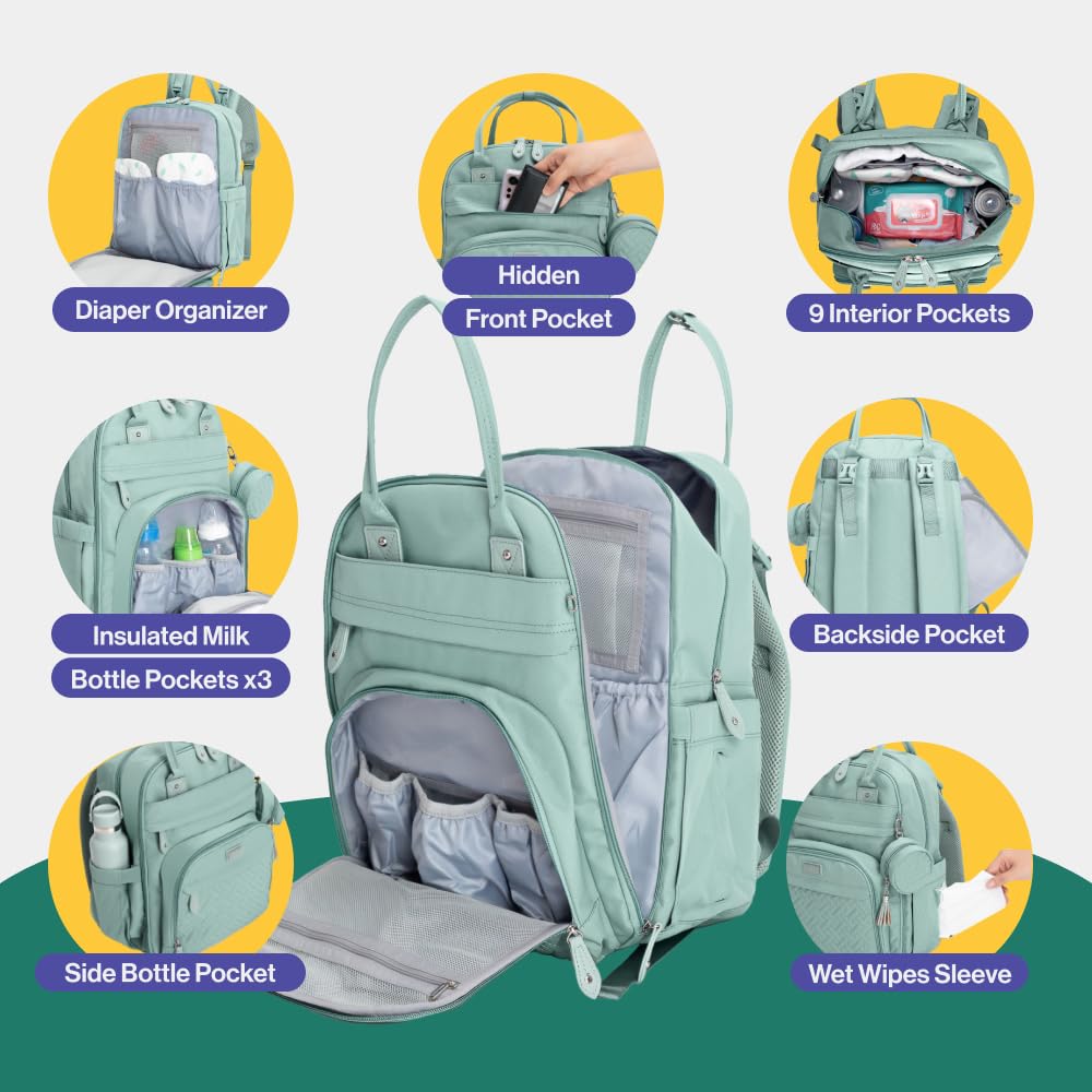 Babbleroo Sage Green Unisex Baby Essentials Backpack - Spacious Diaper Bag With Changing Pad, Stroller Straps & Pacifier Case