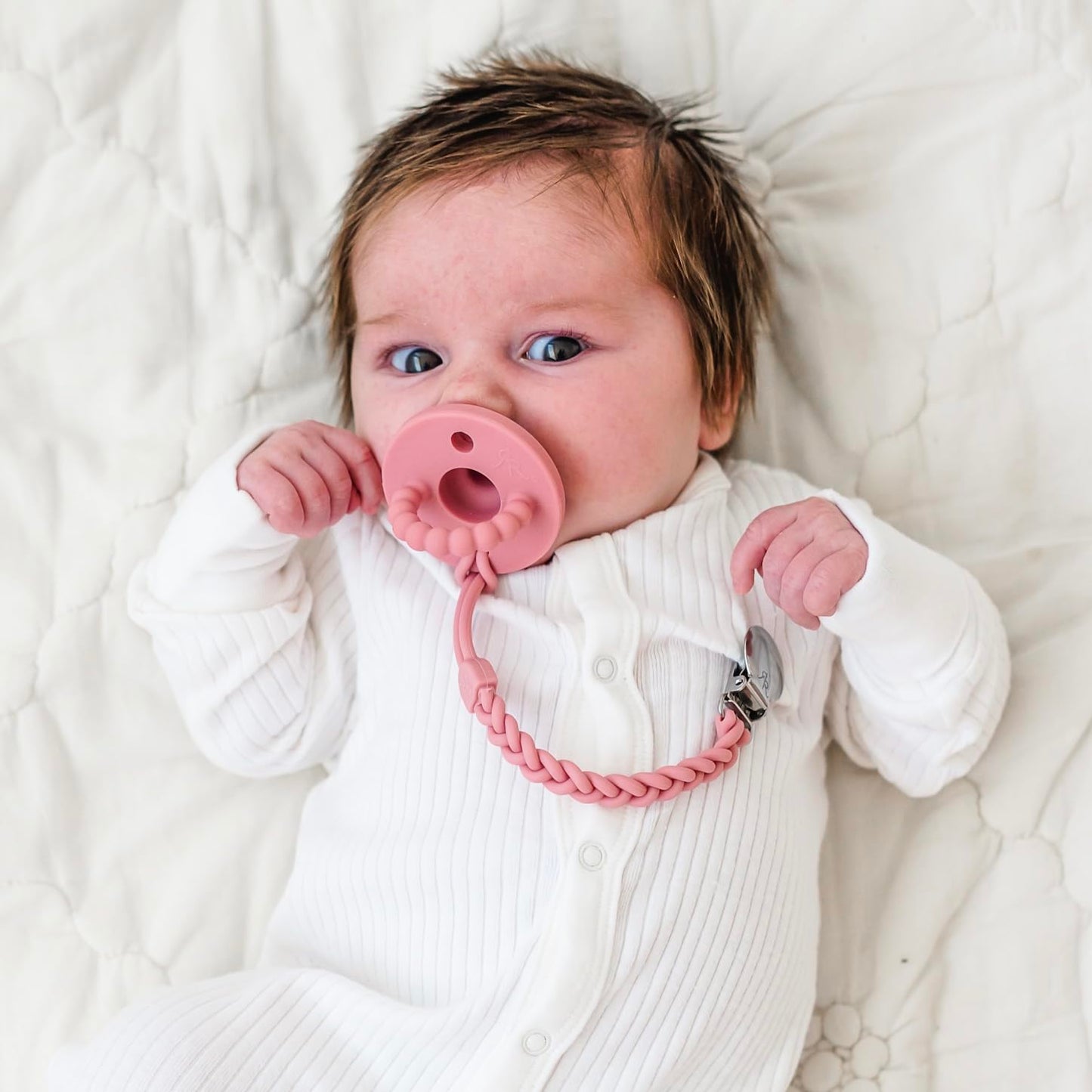 Ryan & Rose Cutie Clip Braiden Pacifier Clip - Braided Silicone (Rose)