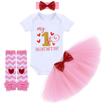 My 1St Valentine'S Day Outfit Baby Girls Love Heart Romper + Ruffle Tulle Tutu Skirt + Sequins Bow Headband + Leg Warmers Birthd