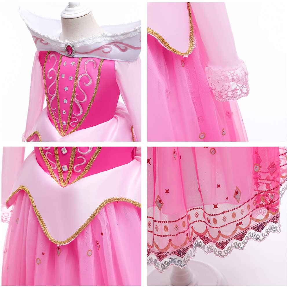 Fmyfwy Girls Aurora Princess Dress Sleeping Beauty Fancy Halloween Costume Christmas Birthday Party Gown Rose W/Accessories 6-7T