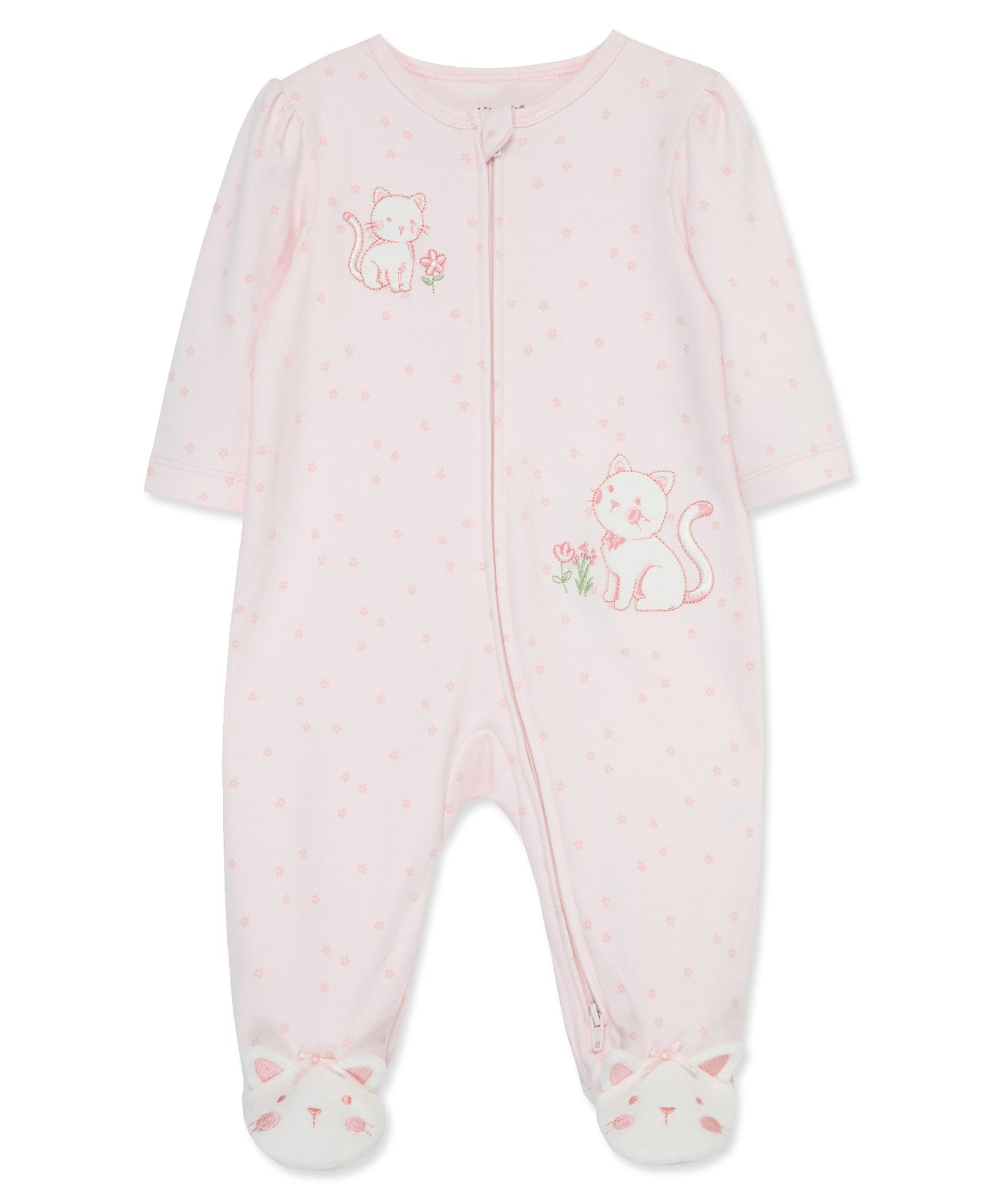 Little Me Clothes for Baby Girls 100% Cotton Scratch-Free Tag Footed One-Piece Romper Sleeper, Sweet Kitties, 6 Months