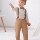 Disaur Toddler Boy Wedding Outfits Apricot Brown Long Sleeve Dress Shirt Bow Tie Suspender Pants Baptism Outfits For Boys 12 Mon