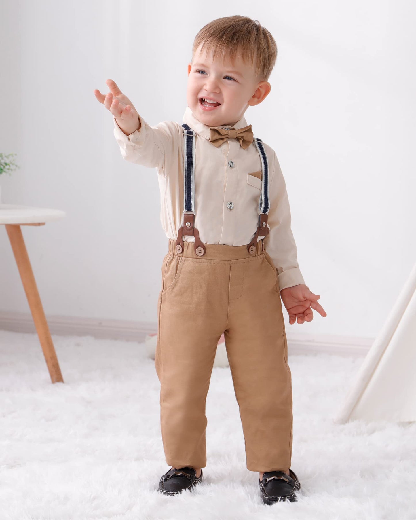 Disaur Toddler Boy Wedding Outfits Apricot Brown Long Sleeve Dress Shirt Bow Tie Suspender Pants Baptism Outfits For Boys 12 Mon