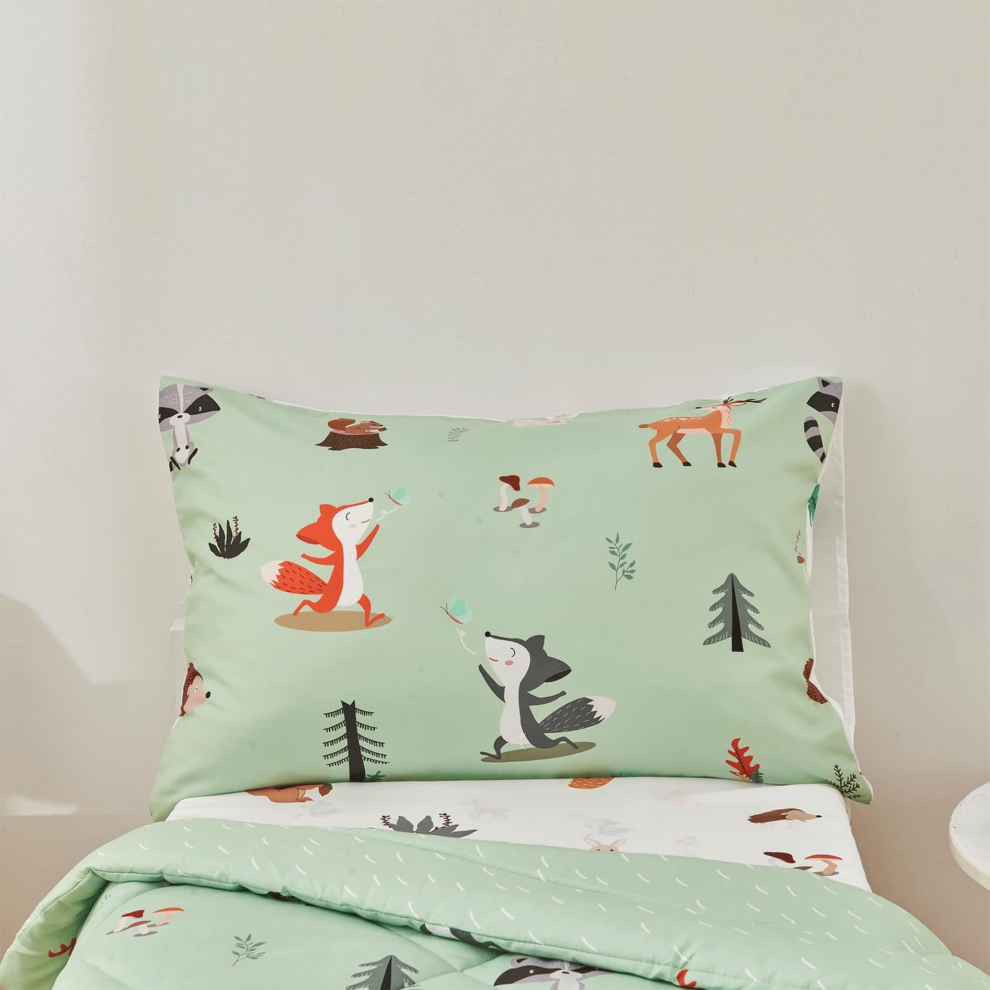 Beeweed 4 Pieces Woodland Animal Toddler Bedding Set Boys Girls, 2 Sides Design Fox Bed In A Bag Comforter Set, Includes 1 Comfo
