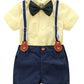 Abolai Baby Boy Summer Cotton Gentleman Short Sleeve Bowtie Romper Suspenders Shorts Outfit Set Style2 Yellow 95