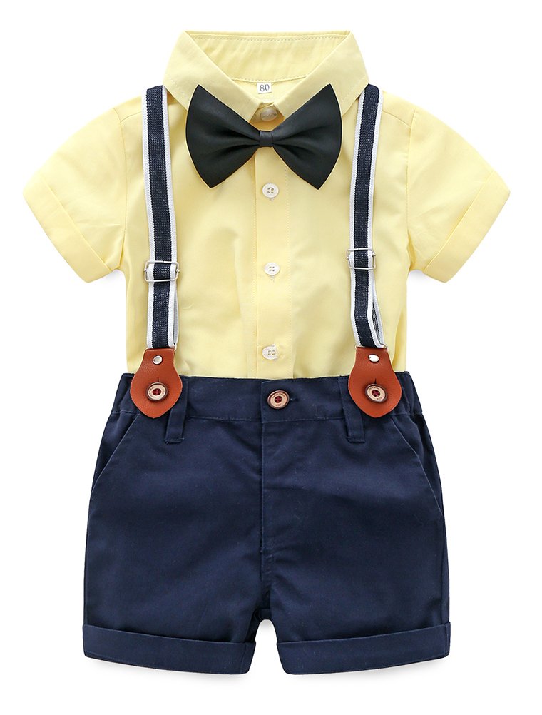Abolai Baby Boy Summer Cotton Gentleman Short Sleeve Bowtie Romper Suspenders Shorts Outfit Set Style2 Yellow 95