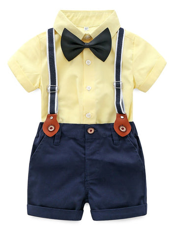 Abolai Baby Boy Summer Cotton Gentleman Short Sleeve Bowtie Romper Suspenders Shorts Outfit Set Style2 Yellow 95