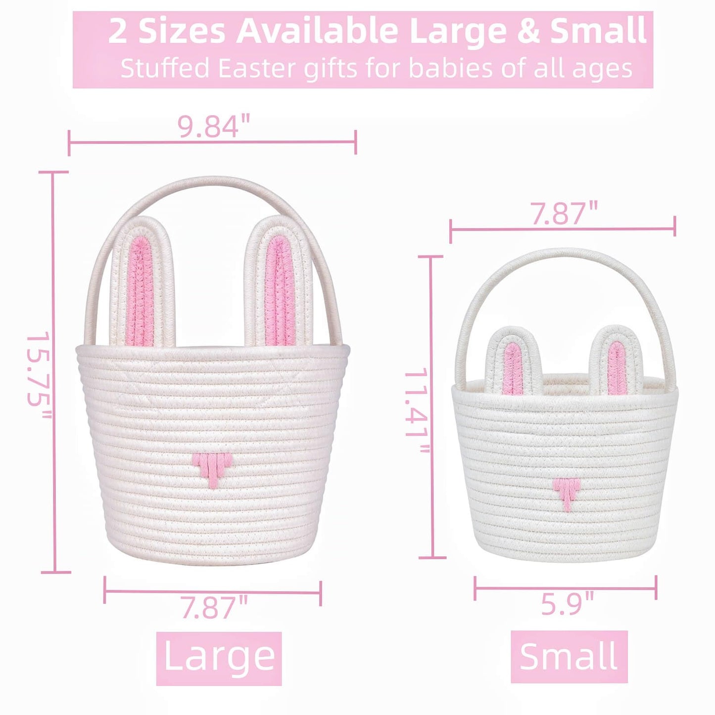 Cubesland Easter Baskets For Kids - 2-Piece Empty Bunny Buckets Set With Handle, Soft & Sturdy Easter Egg Hunt Basket Bags (9.8X
