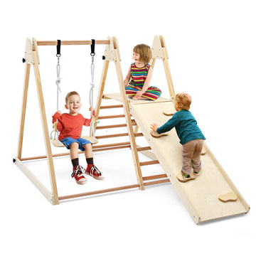 Olakids Toddlers Triangle Climbing Set, 4 In 1 Foldable Kids Wood Montessori Climber Ladder With Ramp, Slide And Swing, Indoor P