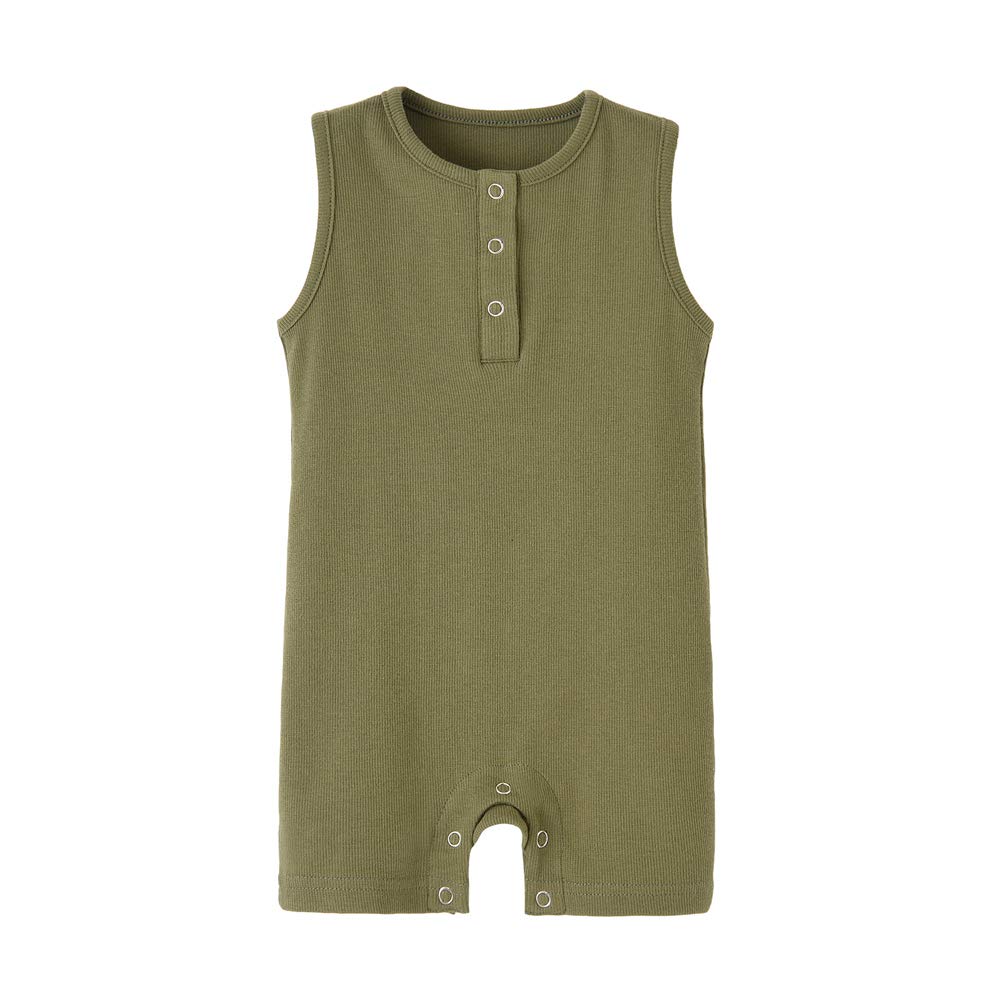 Teach Leanbh Baby Romper Cotton Sleeveless Button Down One Piece Linen Jumpsuit Coverall 3-24 Months (Army Green, 6-12 Months)