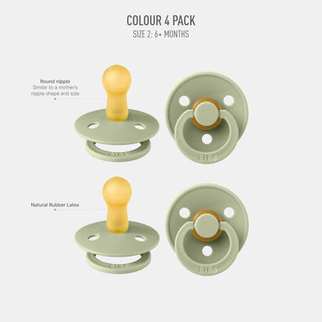 Bibs Colour Pacifier 4-Pack, Bpa Free Dummy Pacifier, Round Nipple. Natural Rubber Latex, Made In Denmark, Size 2 (6-18 Months),