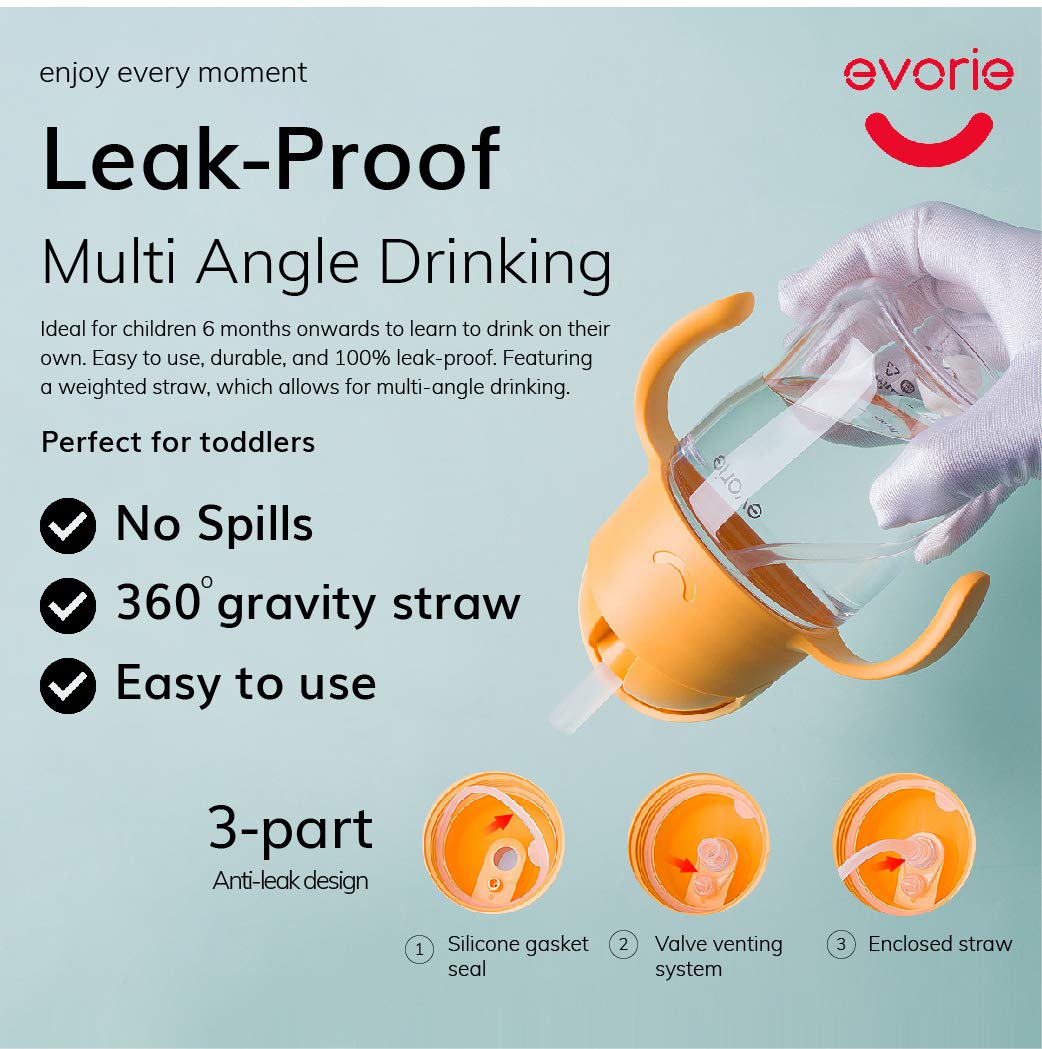 Evorie Tritan Baby Sippy Cup Weighted Gravity Straw Toddler Beginner Training Bottle, 7 Oz Leakproof Award Winning Infant Water