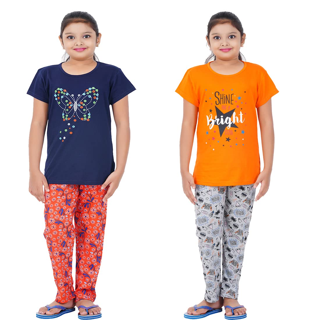 DELEDA Girls Night Suit, top with Front Print and Long Pyjama Pant in Allover Print (34 Years, Navy,Orange)