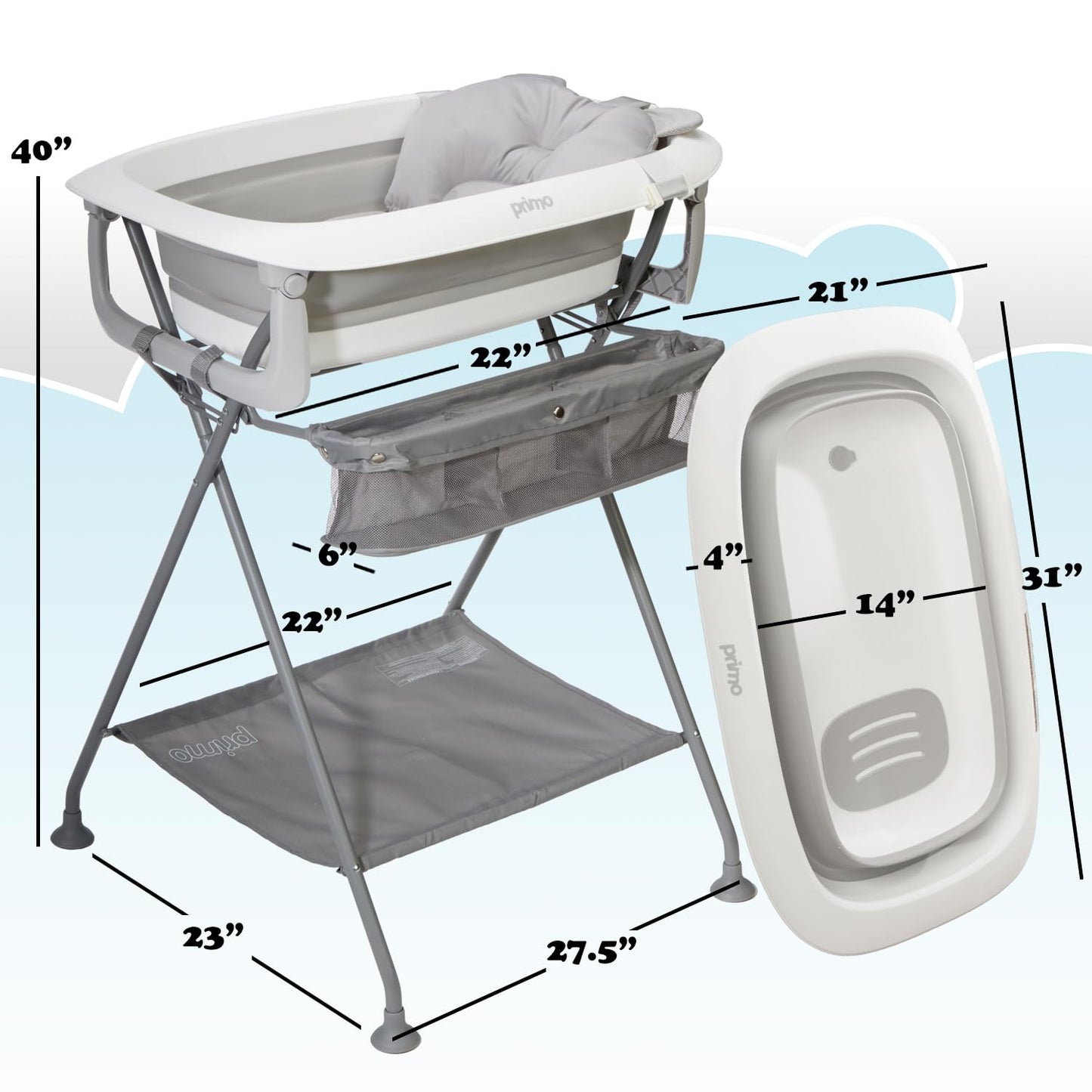 Primo Squishsplash Collapsible Baby Bath & Folding Bath Stand With Ergonomic Infant Bath Cushion For Newborns & Toddlers - Compl