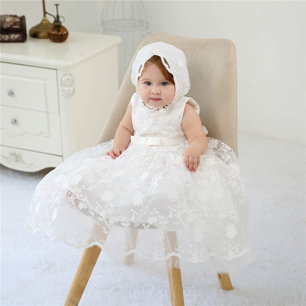 Baby Girls Floral Embroidered Overlay Sleeveless Christening Gown Baptism Tulle Dress With Bonnet Ivory Size 24M / 18-30Months