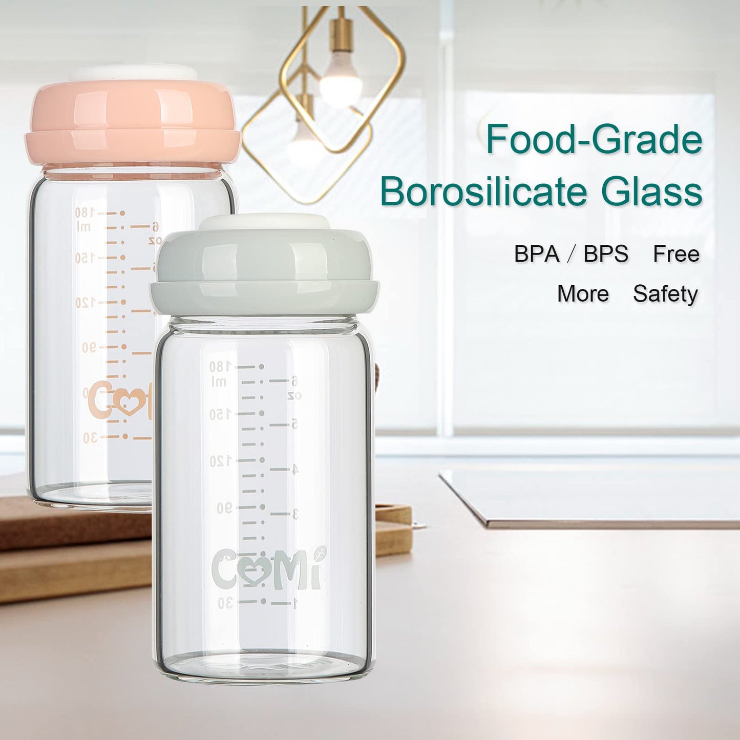 Comi Wide Neck Glass Breastmilk Collection N Storage Bottle, 4 Packs, 6Oz With Screw Ring Sealing Disk; Re-Markable Sealing Disc