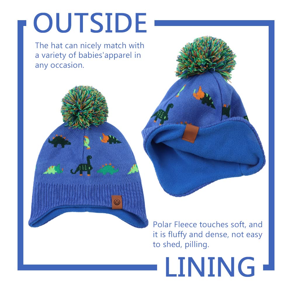 Knitted Baby Hat Scarf Set Winter Warm Boys Girls Beanie Fleece Lining Toddler Kids Hat With Pompom(Royal Blue Dinosaur Hat,M)