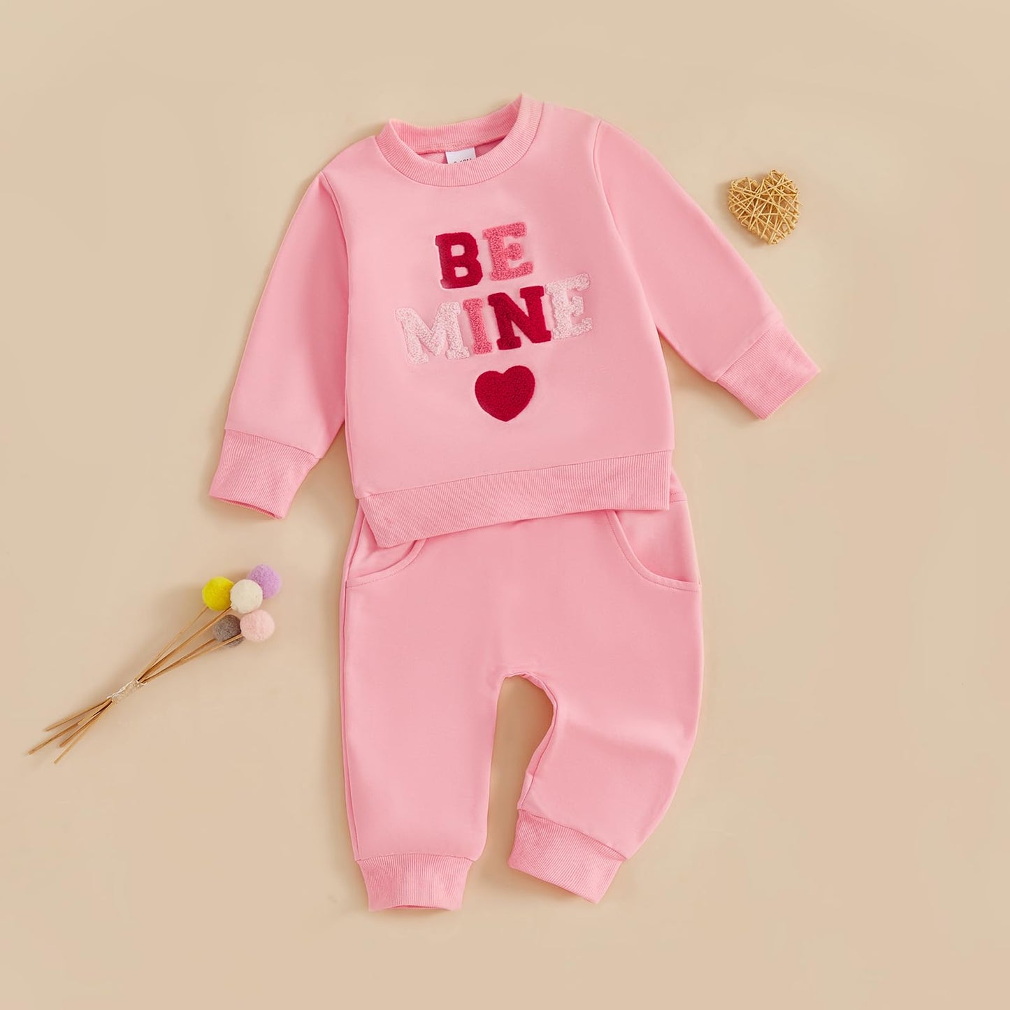 Nokpsedcb Baby Boy Girl Cute Letter Embroidery Long Sleeve Sweatshirt And Elastic Long Pants Toddler Valentine Outfits (Pink Be