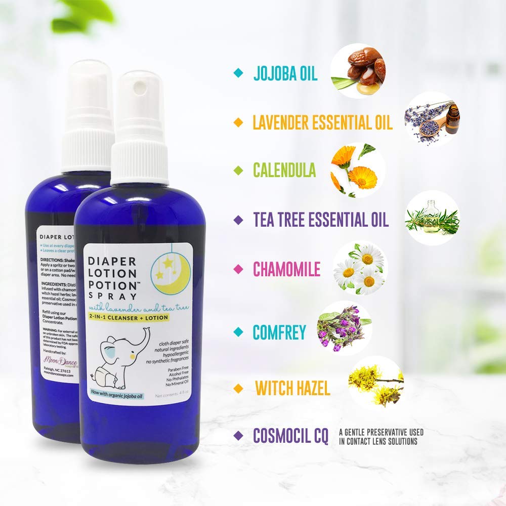 MoonDance Soaps Diaper Lotion Potion Cleansing Spray, 4 Oz Tea Tree & Lavender, Natural No-Rinse Cleanser and Moisturizer for Ba