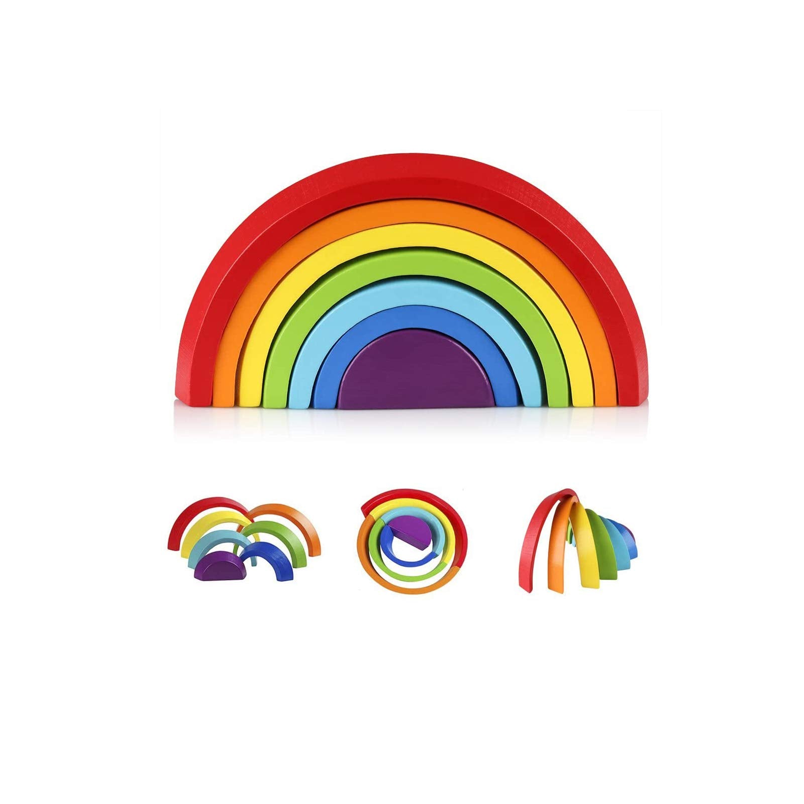 Coogam Wooden Rainbow Stacker Nesting Puzzle Blocks - Tunnel Stacking Game Building Creative Color Shape Matching Jigsaw Learnin