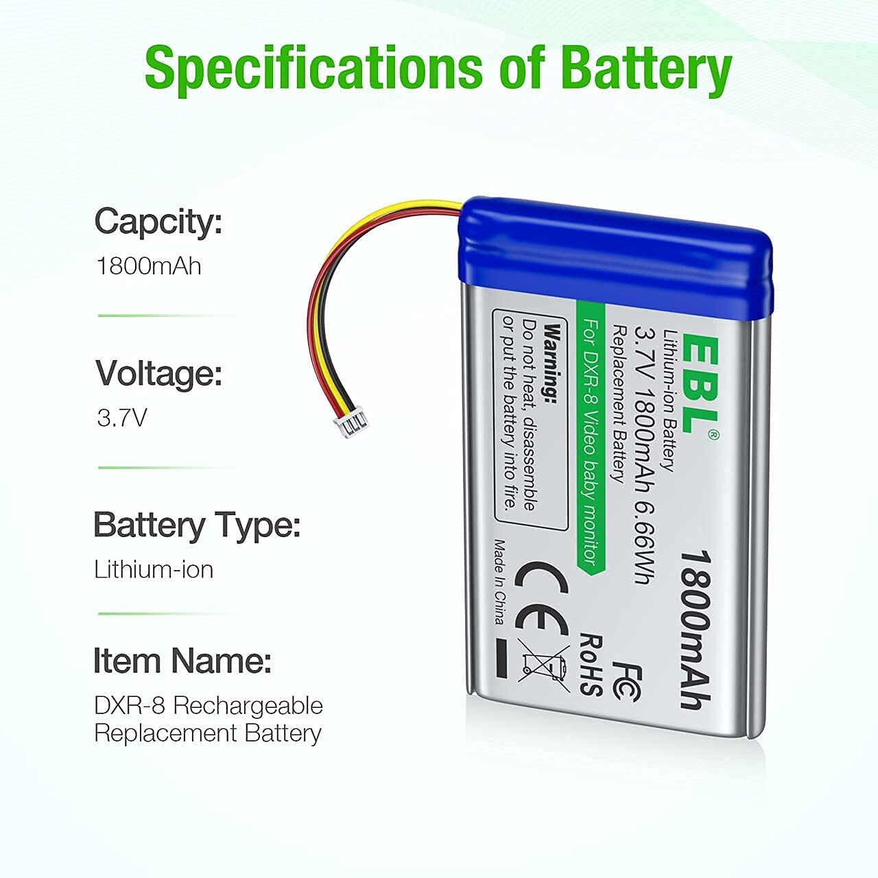 Ebl Replacement Battery For Infant Optics Dxr-8 Video Baby Monitors, 1800Mah High Capacity 3.7V Lithium Ion Sp 803048 Rechargeab